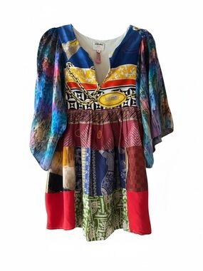 Place Nationale Boho Mini Kaftan Dress Upcycled From Vintage Silk Scarves Medium